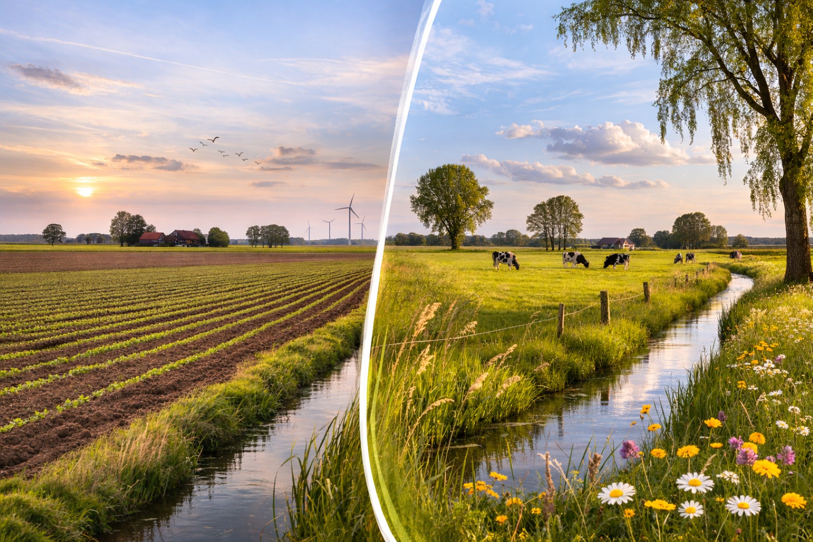 Acker und Wiesenland mit Bachlauf in Huisberden o